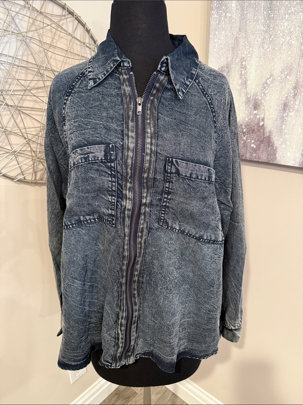 Washed Denim-Look Zip Front Shirt Jacket - Blue